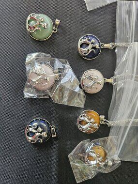 7pc Mother Baby Cat Stone Pendants Cats Eye Rose Quartz Lapis